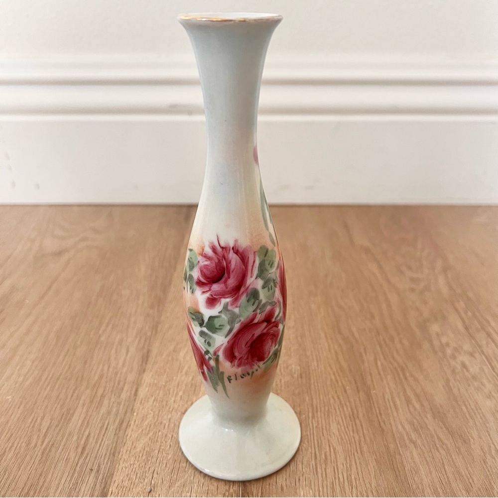 Vintage Japan Hand Painted Rose Bud Vase Signed 7”